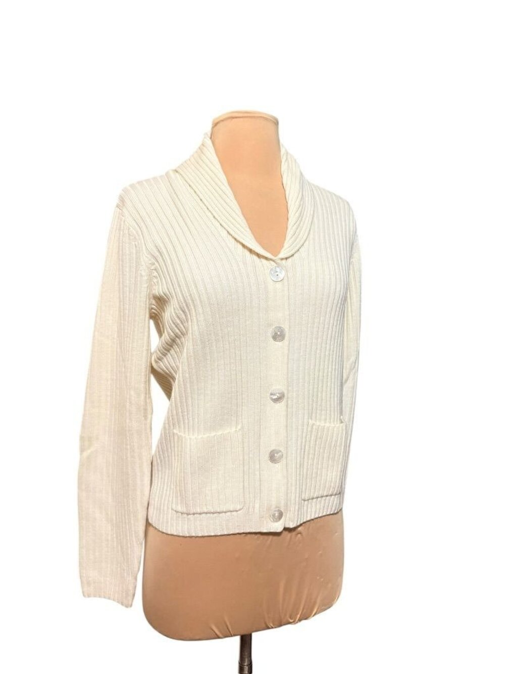 NWT L.L. Bean Ribbed Wool Cardigan Sweater M Cream Woolmark NEW Preppy Classic